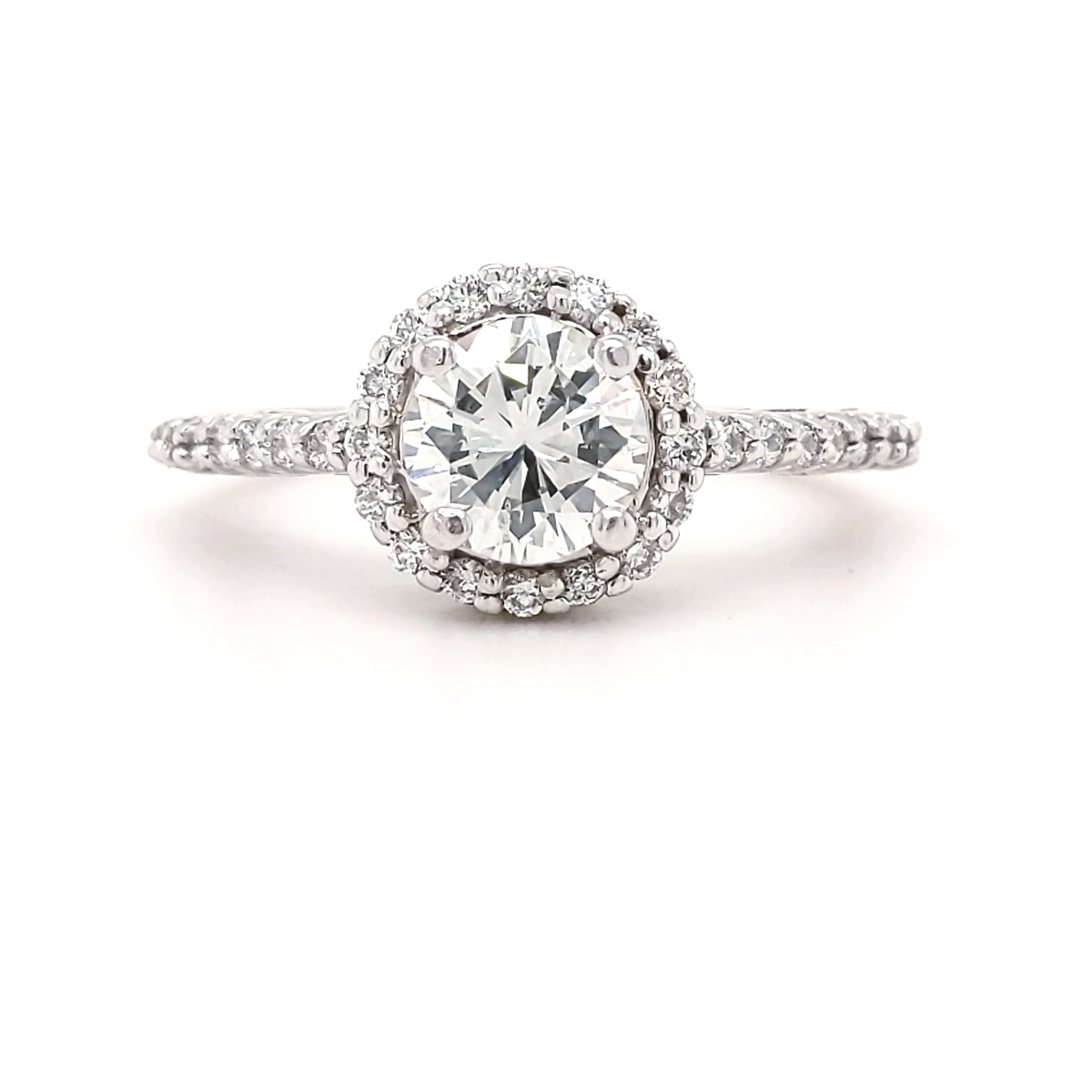 14K White Gold Engagement Ring with .99ct I-Si1 Round center & .35ctw melee - finger size 7 GIA # 2151020874