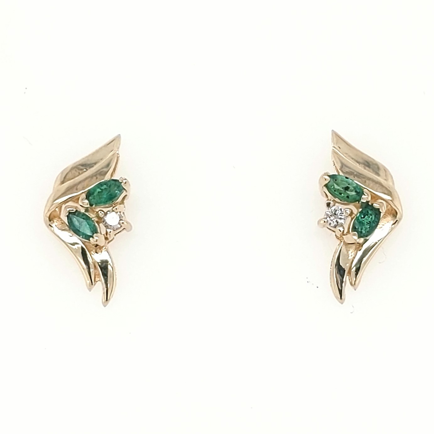 14K Yellow Gold Marquise Emerald & Diamond Stud Earrings