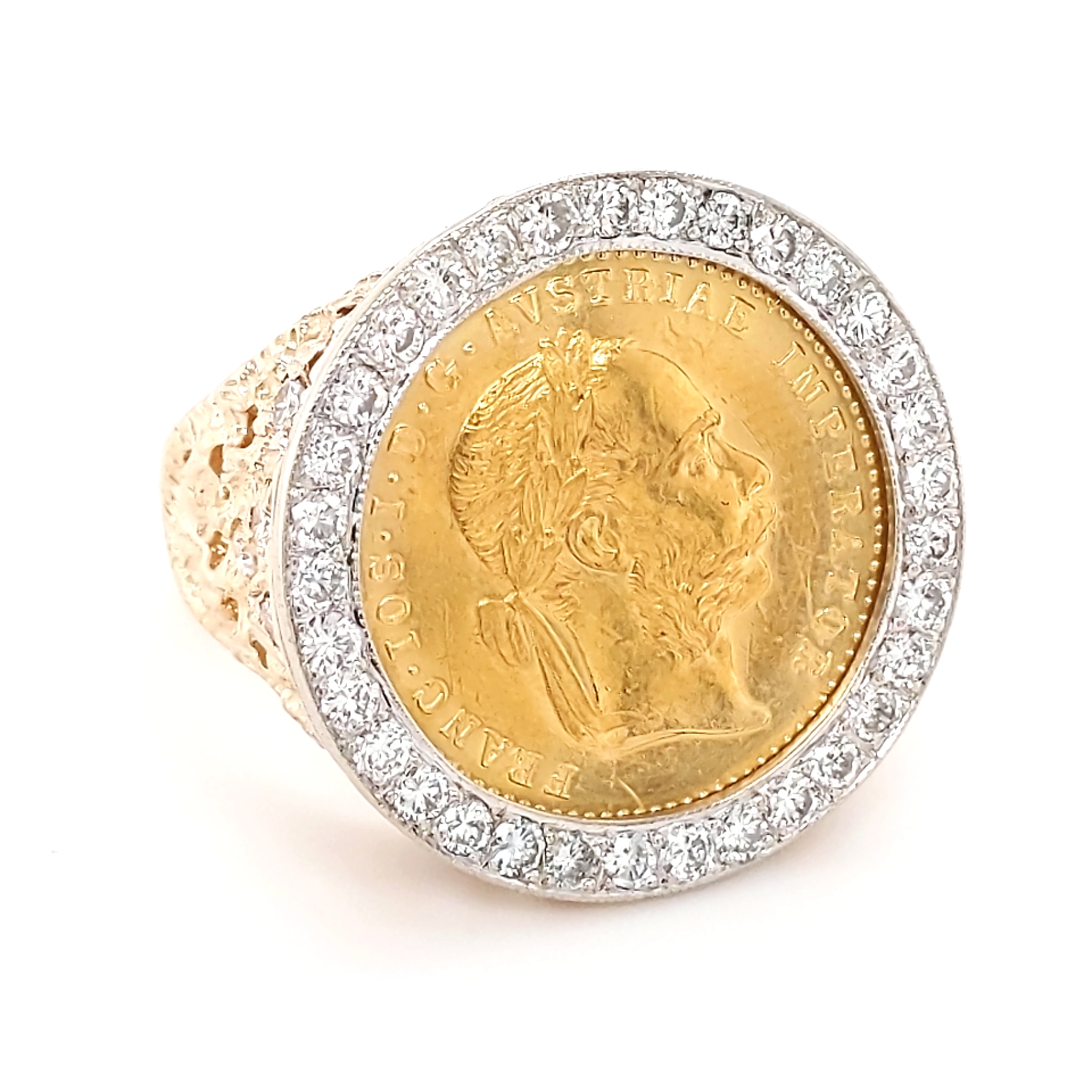 14K Yellow Gold 1.25ctw Diamond Coin Ring with Hungarian Gold coin 1915 - finger size 9.5