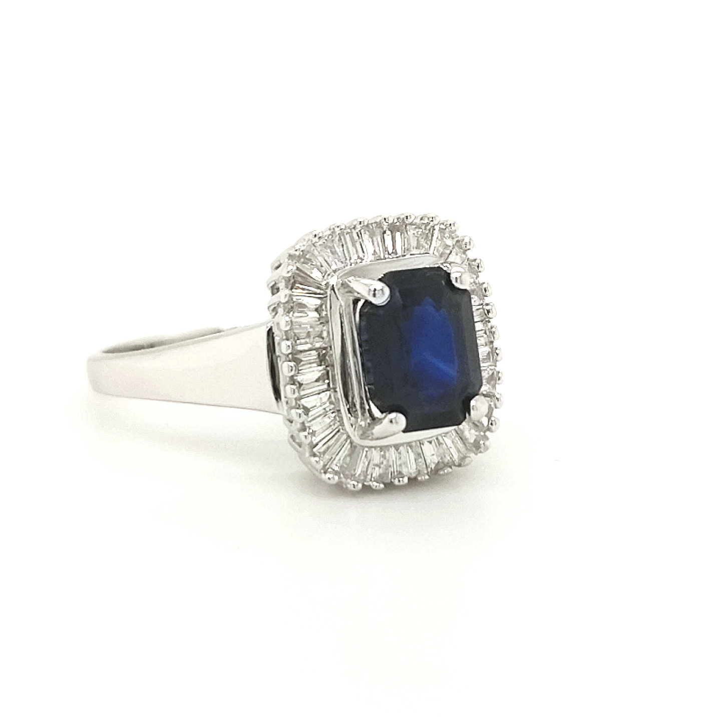 14K White Gold 1.65ct Emerald-Cut Sapphire Halo ring with .95ctw Diamond melee - finger size 9