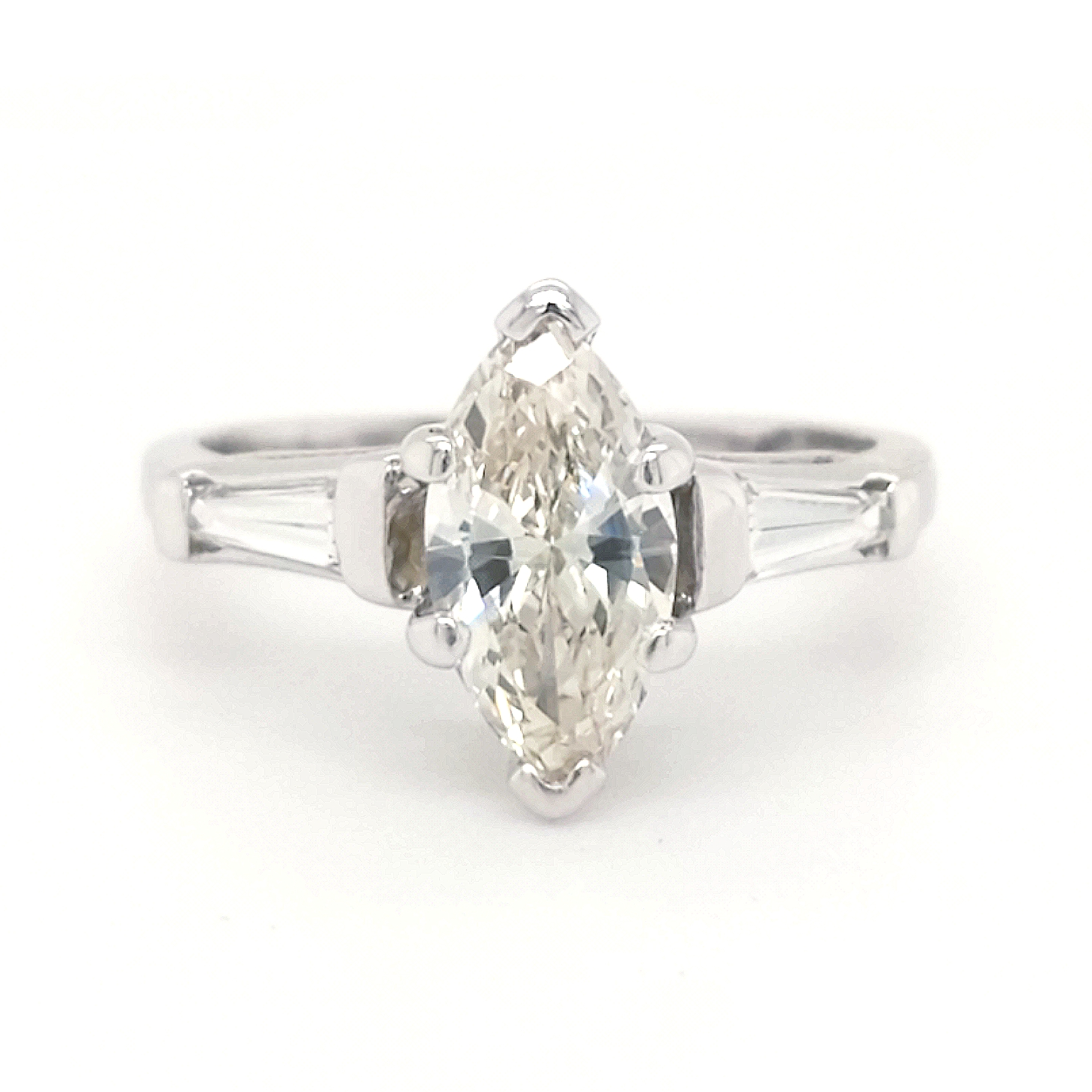 14K White Gold 1.22ct K-Vs1 Marquise Diamond Engagement ring with tapered baguette side diamonds - finger size 7.5 - QA+E $9470.00