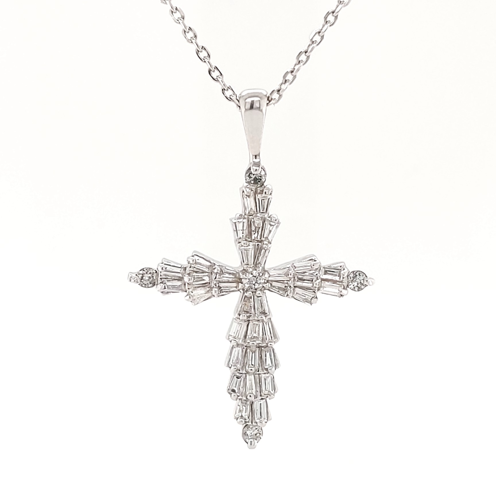 14K White Gold Cross with 1.00ctw Tapered Baguette & .15ctw Round Diamonds